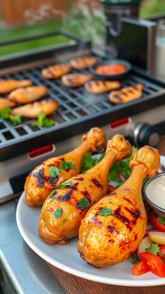 Grilled Chicken Drumsticks on Blackstone Griddle Grilled chicken drumsticks on a plate with parsley, salad, and a Blackstone griddle in the background.
